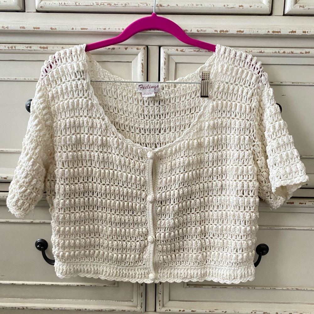 Feelings Cream Crochet Button-Up Short Sleeve cardigan 100% cotton (XL)